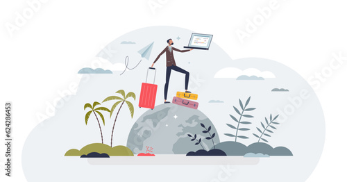 Managing work and travel with business and leisure trip tiny person concept, transparent background.Businessman in vacation with holiday luggage and laptop illustration.