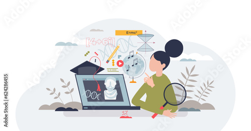 Online learning as e-learning course with distant content tiny person concept, transparent background. Study in university or school with web lectures and virtual academic lessons illustration.
