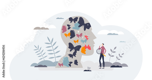 Mental health awareness and emotional inner self care tiny person concept, transparent background. Psychology or psychotherapy research to help people solve mind problems illustration.