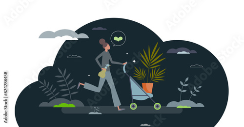 Plant parenting and gardening hobby for flower growth tiny person concept, transparent background. Planting palm tree in pots and caring as nature friendly work illustration.