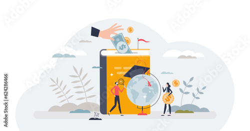 Investment in education and study tuition cost saving tiny person concept, transparent background. University, academy, school or college scholarship as financial funding for knowledge.