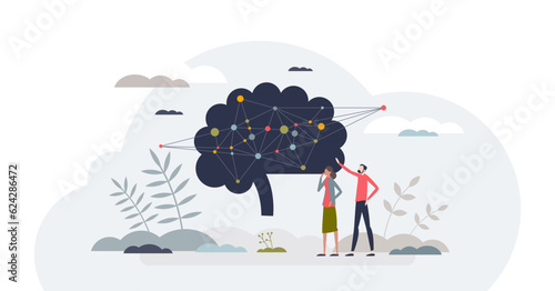 Neuropsychology study for brain cognition and behavior tiny person concept, transparent background. Neurology and psychology interaction learning.