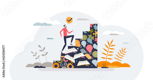 Reskilling and upskilling for personal skill development tiny person concept, transparent background. Change professional future with new beginning and study for different qualification illustration.