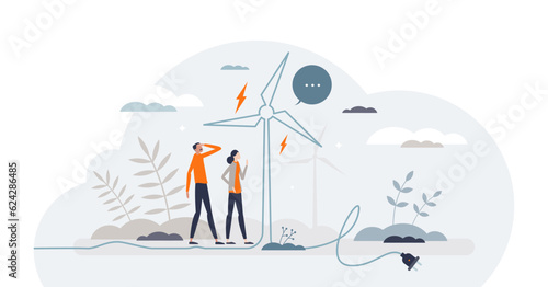 Reusable energy and wind resource usage for electricity tiny person concept, transparent background. Green and ecological power production with alternative methods illustration.