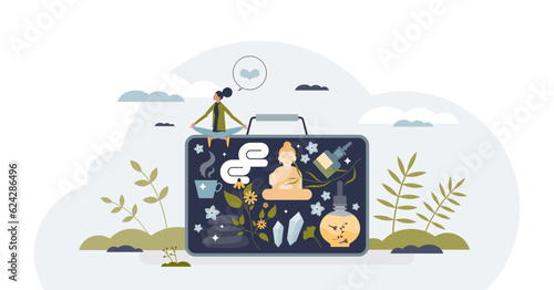 Wellness tourism and travel for healthcare and relaxation tiny person concept, transparent background. Vacation to SPA services, aroma therapy or alternative medicine practices illustration.