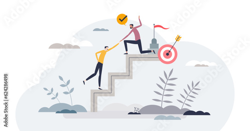 Power of mentoring and teacher strength for success tiny person concept, transparent background. Help with motivation, development, growth and advices for effective development illustration.