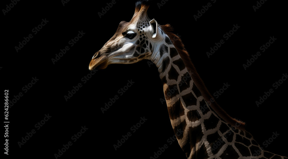 Naklejka premium Giraffe on a black background, created with Generative AI technology.