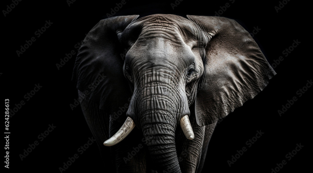 Elephant on a black background, created with Generative AI technology.
