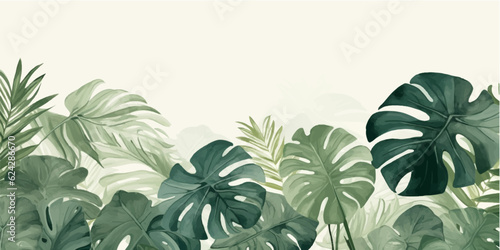 Abstract foliage and botanical background. Green tropical forest wallpaper of monstera leaves, palm leaf, branches in hand drawn pattern. Exotic plants background for banner, prints, decor, wall art. © Lucky Ai