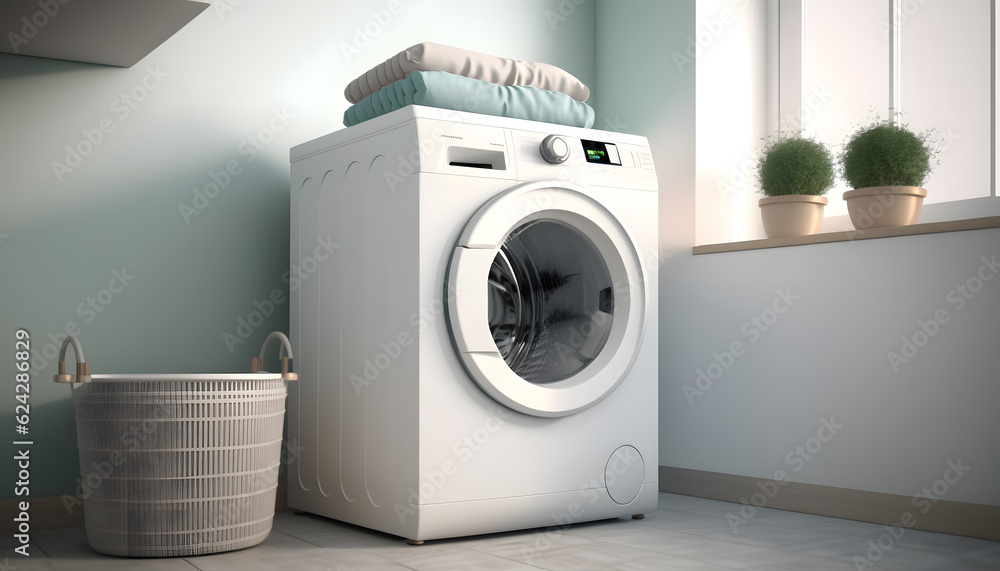 Modern washing machine in interior of home laundry room. Generation AI Modern washing machine in interior of home laundry room. Generation AI