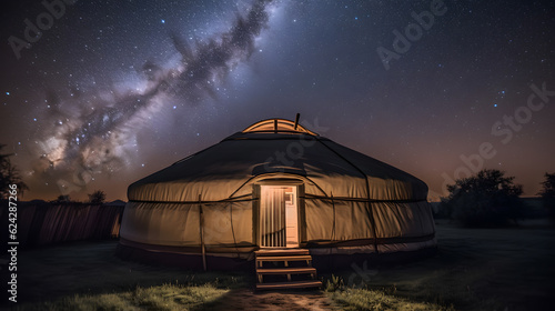 Yurt National old house of peoples of Kyrgyzstan and Asian countries. Ail camp night sky with stars. Generation AI photo