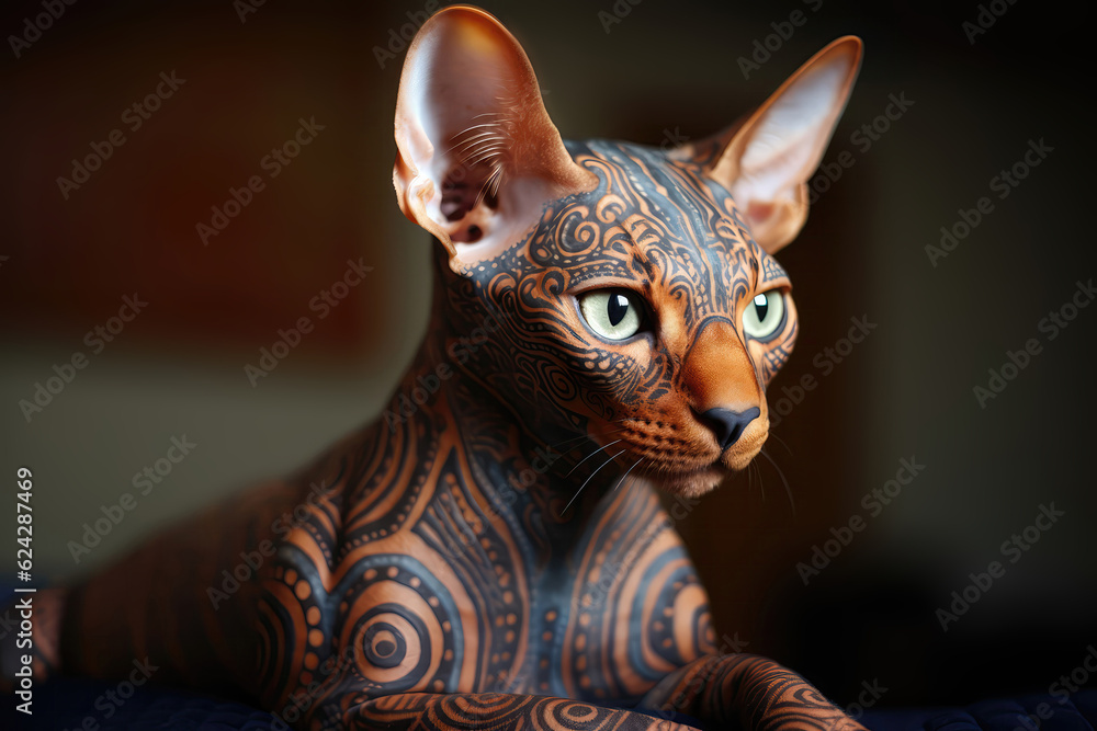 Sphinx Cat With An Intricate Hennainspired Body Art Design. Generative AI