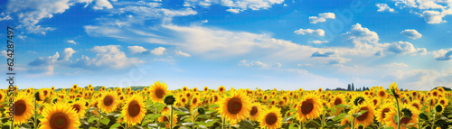 Sunflower Field With Vibrant Yellow Flowers And Blue Sky. Panoramic Banner. Generative AI