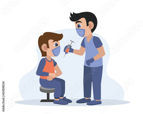 Doctor standing near patient, doing injection. Doctors fight virus with vaccinations and immunizations. Flat vector illustration in blue and green colors with cartoon