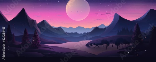 Abstract wallpaper  purple mountains with river and moon  night panorama. Generative Ai.