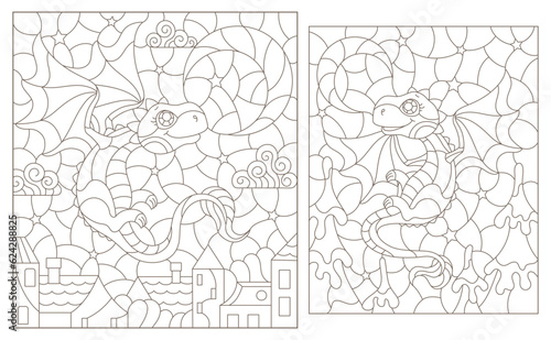 A set of contour illustrations in the style of stained glass with cute cartoon dragons, dark contours on a white background