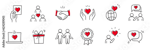 Community trust hand, social heart doodle line icon. Charity community, partnership care, people solidarity help concept icon set. Hand drawn doodle sketch style line. Vector illustration photo