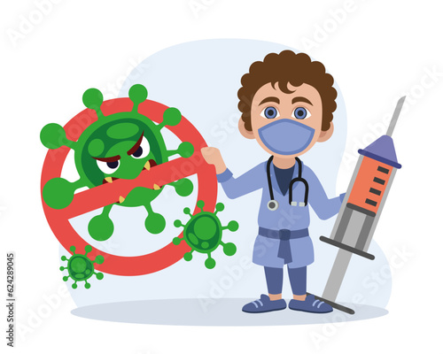 Man holding syringe and emblem protection from virus. Doctors fight virus with vaccinations and immunizations. Flat vector illustration in blue and green colors with cartoon