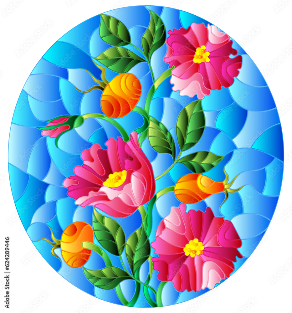 Naklejka premium Illustration in stained glass style with flowers , berries and leaves of wild rose, oval image in bright frame 