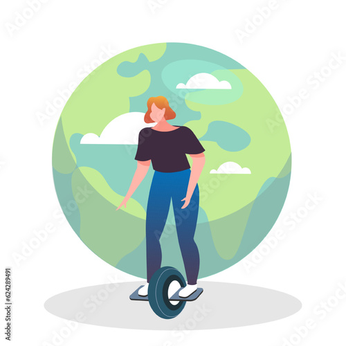 Young active lady on unicycle with green planet on background. Care about planet concept. Modern ecology transport concept. Save earth. Flat vector illustration in cartoon style in green colors