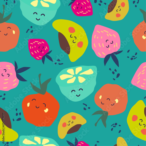 Seamless pattern of fruits background elements on a green background. Set with hand drawn fruit doodles. Tropical pattern of orange, lime, peach, strawberry.