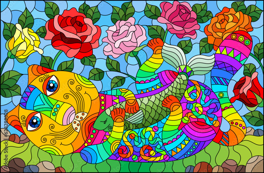 An illustration in the style of a stained glass window with a bright cartoon cat with fish on a background of grass, roses and blue sky