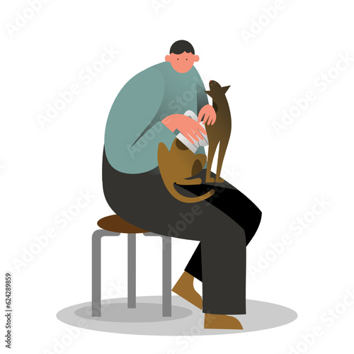 Male sitting with dog and giving medical help for dog. Volunteer helping animals. Pets rescue and protection concept. Kind people help homeless animals. Flat vector illustration in cartoon style