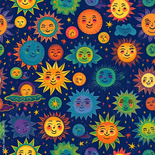 Comic Suns  Cartoon Moons  TILE texture  Seamless  Repeating pattern  background. REPETEABLE IMAGE BOTH HORIZONTALLY  VERTICALLY. Suns and moons icons with smiling faces. Generative AI