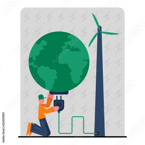 Man charging planet with wind power, solar panels. Environmentally conscious living. Concept of rational use of natural energy for domestic needs. Flat vector illustration in cartoon style