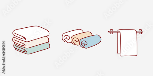 Fabric towels set. Cloth towel for bath, hygiene. Hand drawn style vector design illustrations.