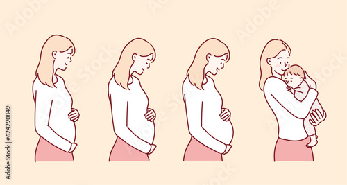 Pregnancy stages. Pregnant and newborn, woman belly figure during pregnancy. Hand drawn style vector design illustrations.