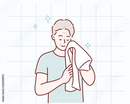 Washing face. Closeup of senior man cleaning skin with towel. Hand drawn style vector design illustrations.