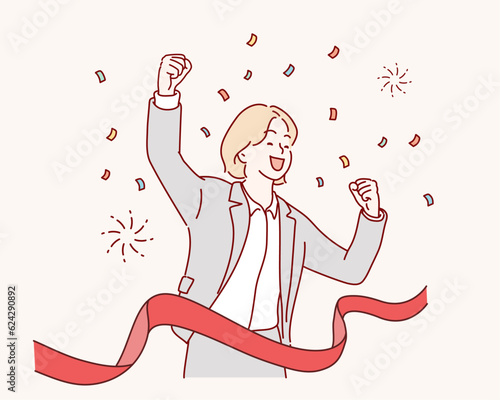 happy businesswoman winner.  businesswoman crossing the finish line.Hand drawn style vector design illustrations.