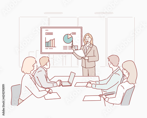 Business people are working in office. Handsome young businesswoman is making presentation for his colleagues, pointing to the board. Hand drawn style vector design illustration.