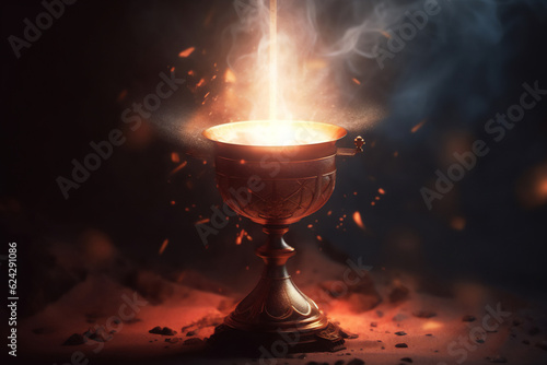 The Holy Grail is the chalice cup that Jesus Christ drank from at the Last Supper which has mystical powers according to the Arthurian legend , computer Generative AI stock illustration image photo