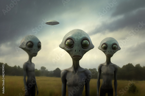 Aliens or little green men portrait which are extra-terrestrial creatures from outer space arriving on a UFO spaceship and often used as a Halloween subject, computer Generative AI stock illustration 