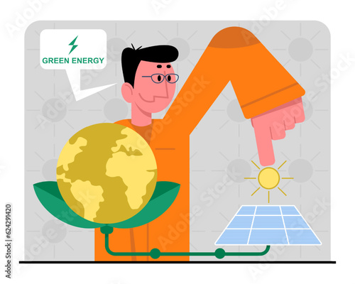 Male showing process of energy from sunlight. Consumption of solar panel at home. Concept of rational use of natural energy for domestic needs. Flat vector illustration in cartoon style