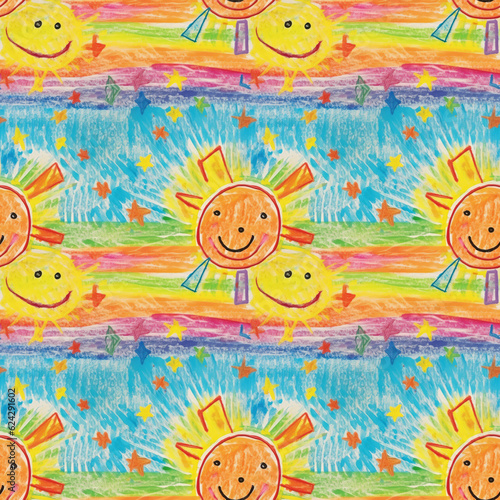 Child's drawing, Geometric tile texture, Seamless, Repeating pattern, Endless background. Sun and sky as seen by an elementary school child. Image tileable both horizontally vertically. Generative AI photo