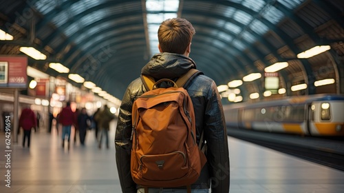 teen traveler with backpack at railway station, subway station