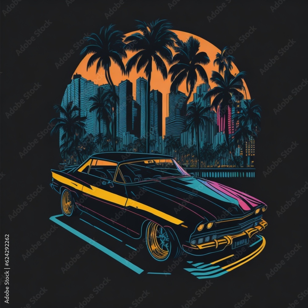 A vintage car on the road with palm trees and miami city in the background 2