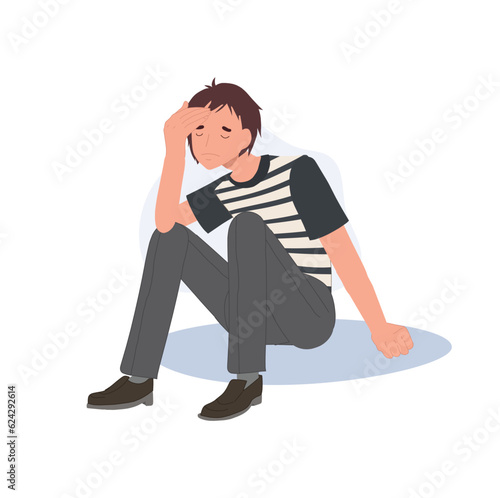 Sadness and Loneliness concept. Worried Man Sitting Alone with Sadness, Anxiety, and Troubled Thoughts. Flat vector cartoon illustration