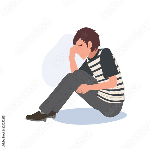 Sadness and Loneliness concept. Worried Man Sitting Alone with Sadness, Anxiety, and Troubled Thoughts. Flat vector cartoon illustration