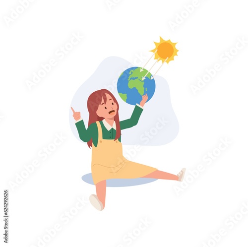 Science Education Concept. Astronomy Education, Exploring the Solar System with a Girl's Explanation. Flat vector cartoon illustration.