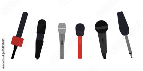 Six Microphone flat objects. Vector microphones for audio podcast broadcast or music record technology set of broadcasting concert equipment illustration isolated on white background
