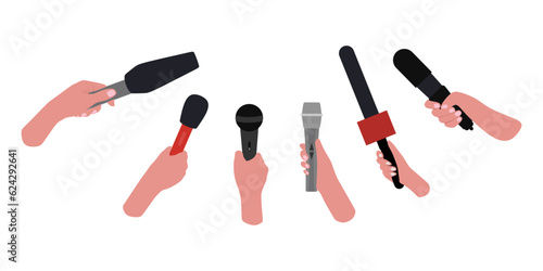 Hands holding microphone. Mass media reporters with mic recorder taking interview on live television, press conference journalism concept. Vector on white background. Newsmen holding mic for broadcast