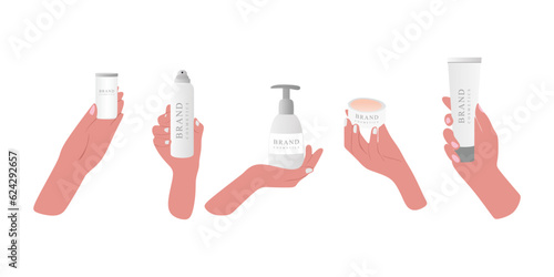 Collection of female hands holding different cosmetic product. Set of cosmetic products such as eau de perfume, moisture cream, serum, cleanser. Vector in flat style isolated on white background.