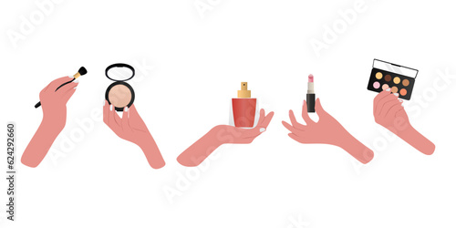 Collection of female hands holding different cosmetic product. Set of cosmetic products such as powder, cream, makeup tools, lipstick, brush, foundation, mascara, face serum and perfume.