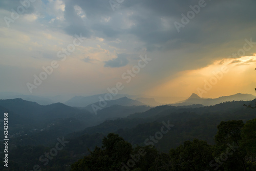 Tea plantations in Munnar, Kerala, India. Beautiful tea plantations landscape at sunset