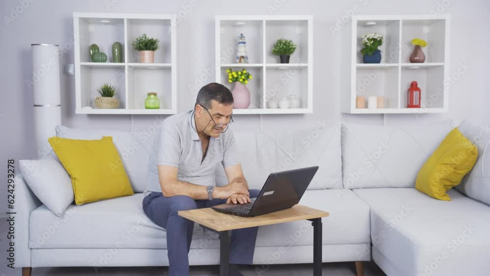 Old man making video call on laptop. Happy and waving. Old man making video call on laptop. Happy and waving.