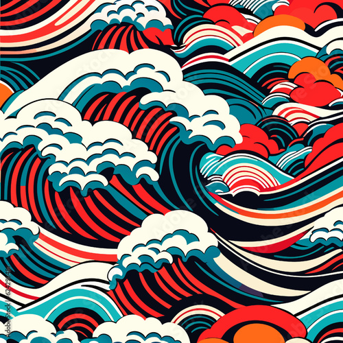 Seamless pattern with clouds and waves. Hand-drawn illustration.